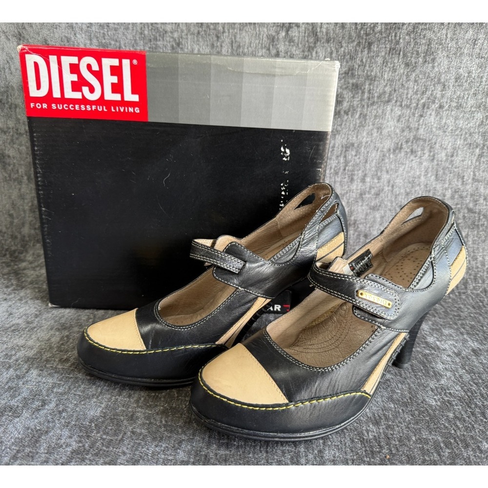 Womens Sz 8 Diesel MINERVA Black Beige‎ Mary Jane Style Strap Leather Heels